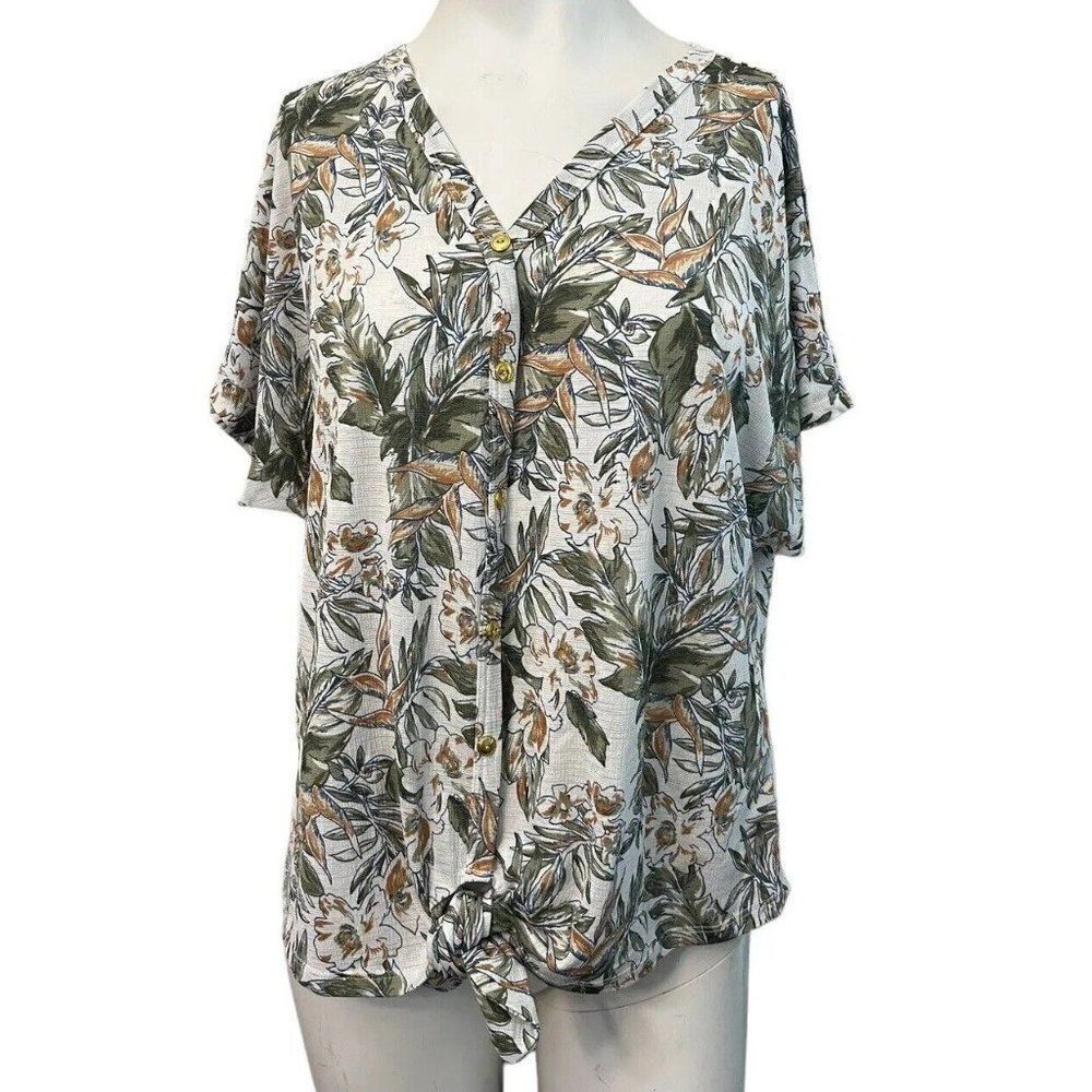 SJS Women's Large V Neck Blouse Short Sleeve Ties Button Front Floral Stretch